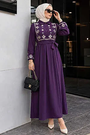 Desen Detailed Purple Modest Dress 10317MOR 