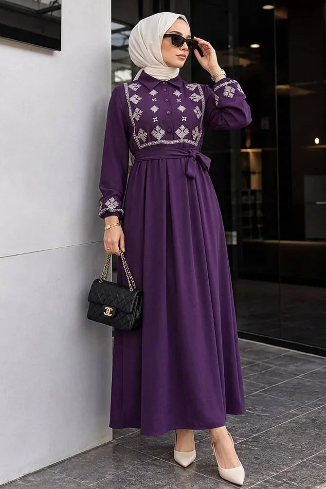 Desen Detailed Purple Modest Dress 10317MOR - 1