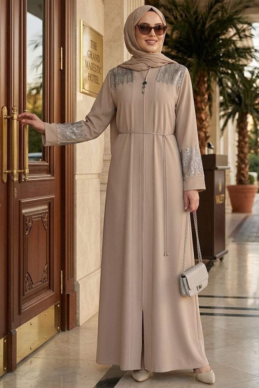 Desen Detaylı Bisküvi Tesettür Abaya 45306BS