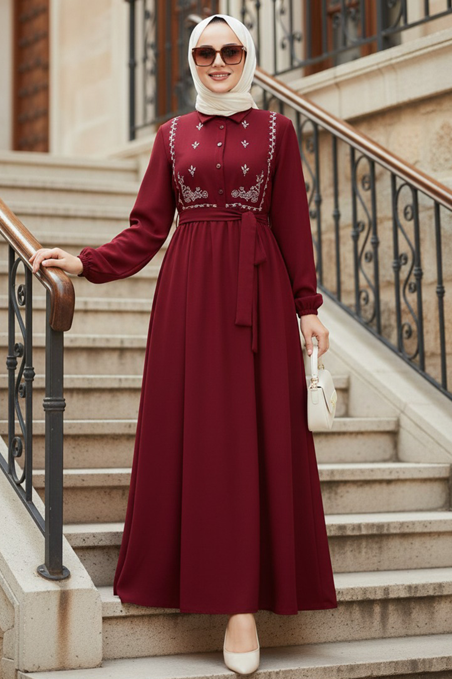 Desen Detaylı Bordo Tesettür Elbise 10304BR