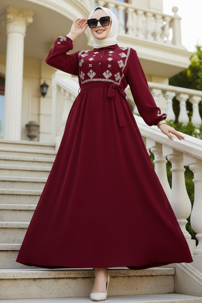 Desen Detaylı Bordo Tesettür Elbise 10317BR - 1