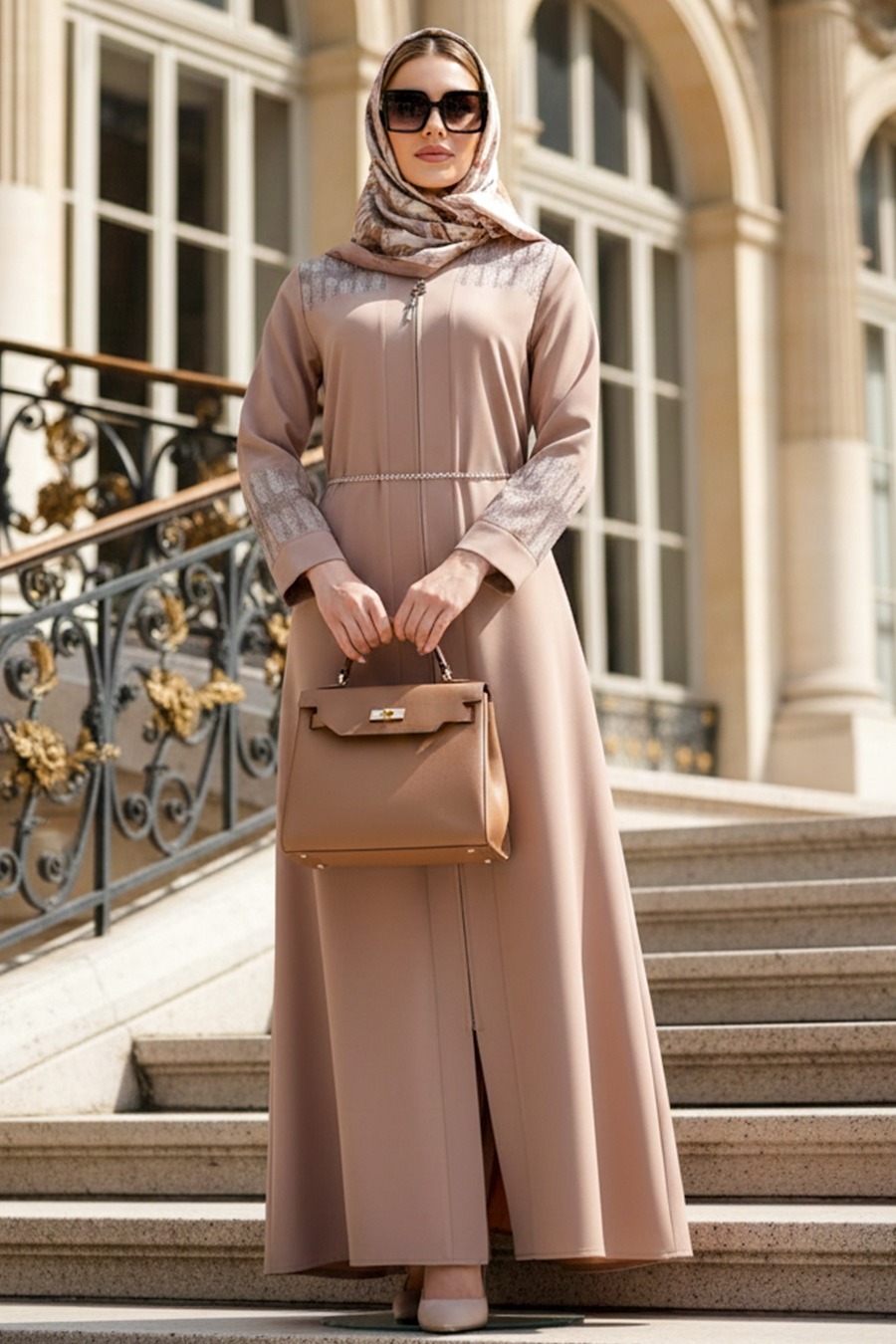 Desen Detaylı Camel Tesettür Abaya 45306C