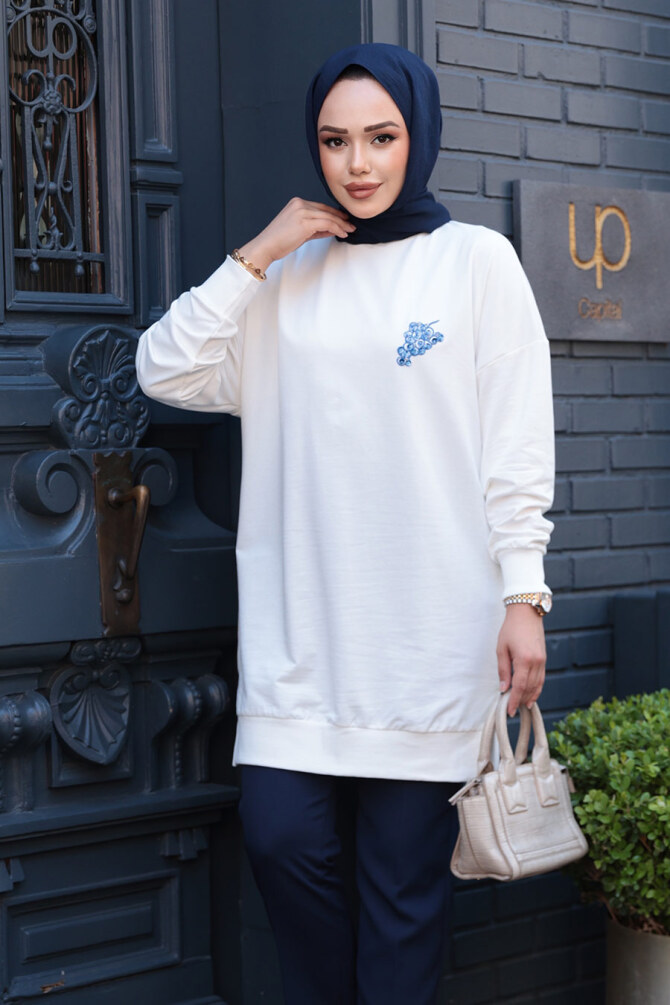Desen Detaylı Ekru Tesettür Tunik 10653E - 1