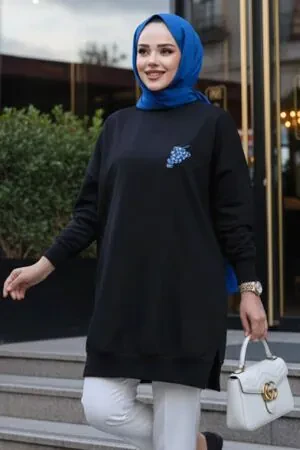 Desen Detaylı Siyah Tesettür Tunik 10653S - 1