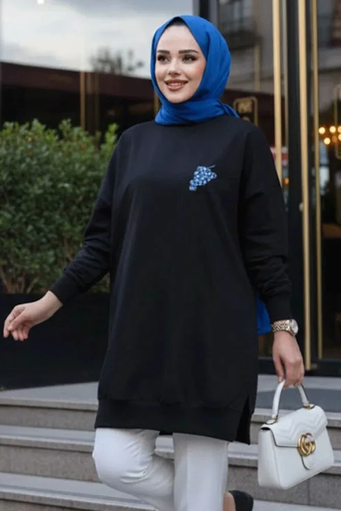 Desen Detaylı Siyah Tesettür Tunik 10653S - 1