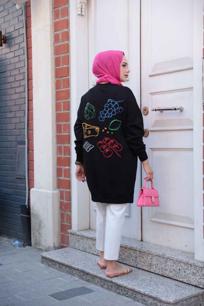 Desen Detaylı Siyah Tesettür Tunik 10653S - 3