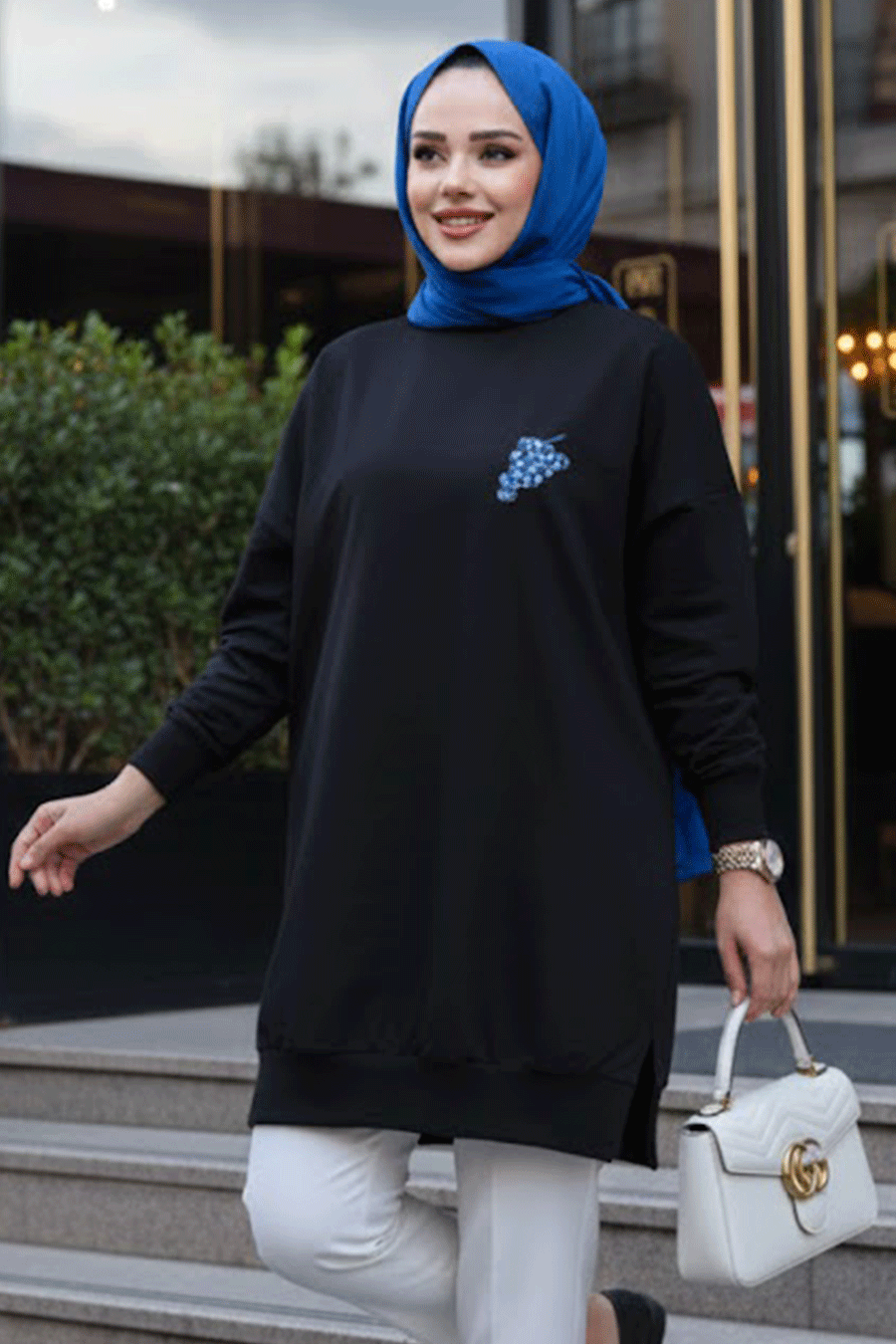 Desen Detaylı Siyah Tesettür Tunik 10653S