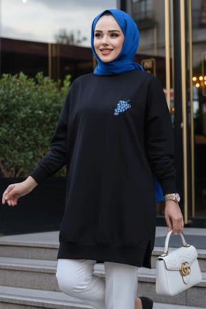 Desen Detaylı Siyah Tesettür Tunik 10653S 