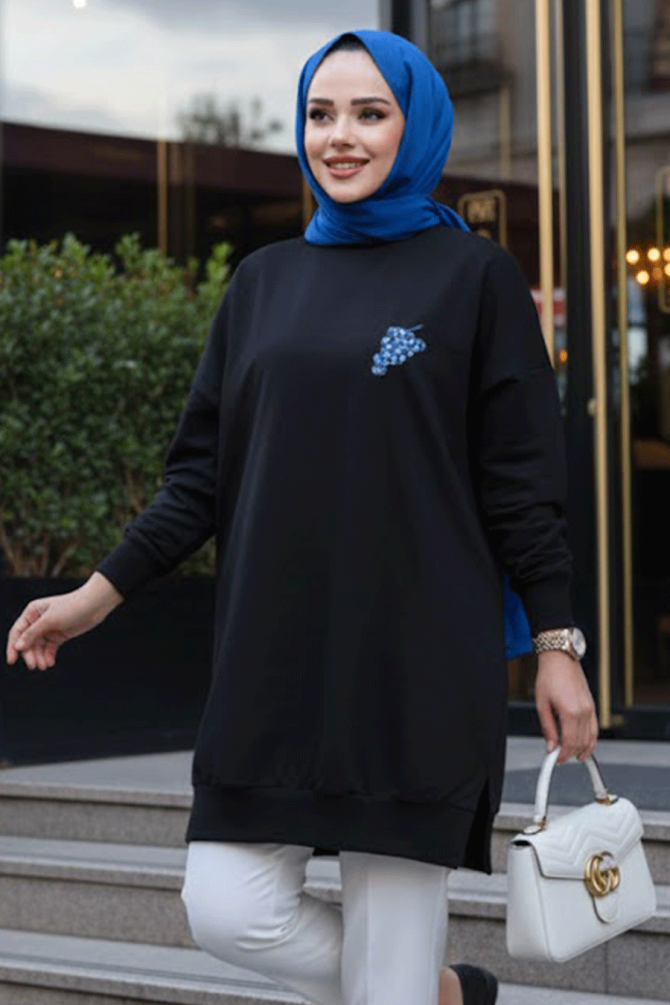 Desen Detaylı Siyah Tesettür Tunik 10653S - 1
