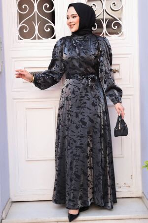 Desenli Antrasit Tesettür Saten Elbise 52921ANT 