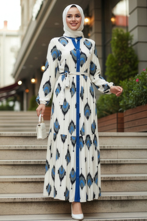 Desenli Bej Sax Mavisi Tesettür Elbise 23926BEJSX - N.S NEVA STYLE