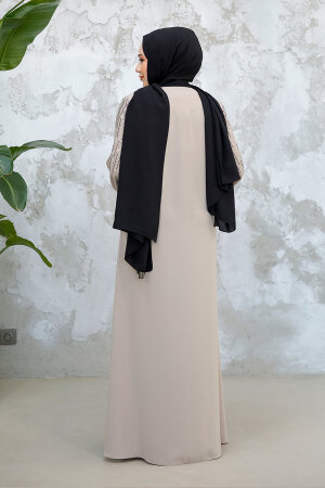 Desenli Bej Tesettür Abaya 15079BEJ - 4