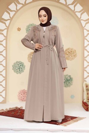 Desenli Bej Tesettür Abaya 45302BEJ - 1