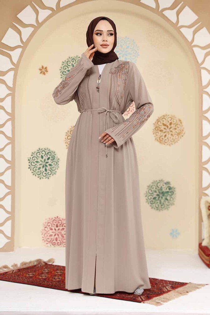 Desenli Bej Tesettür Abaya 45302BEJ - 2