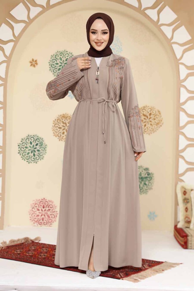Desenli Bej Tesettür Abaya 45302BEJ - 3
