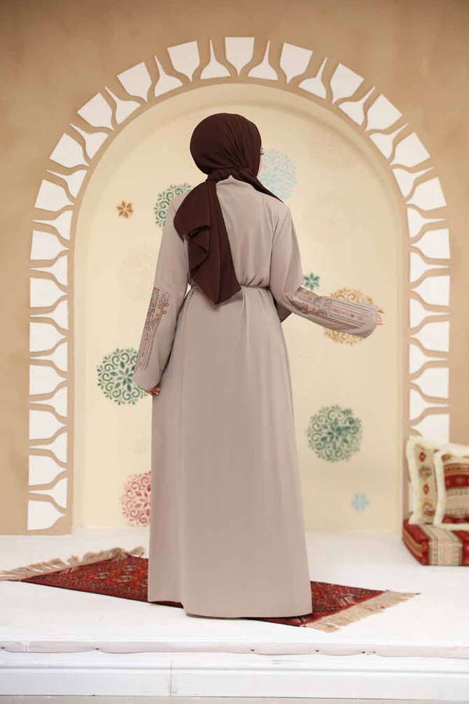 Desenli Bej Tesettür Abaya 45302BEJ - 4