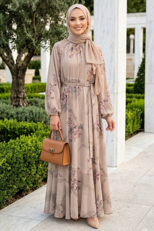 Desenli Bej Tesettür Elbise 25231BEJ 