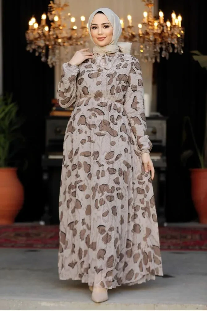Robe longue et couvrante à motifs – Beige 50354BEJ - 1