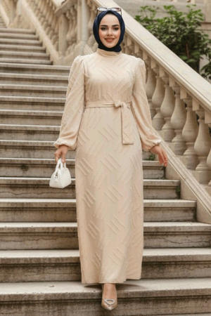 Desenli Bej Tesettür Elbise 5298BEJ 