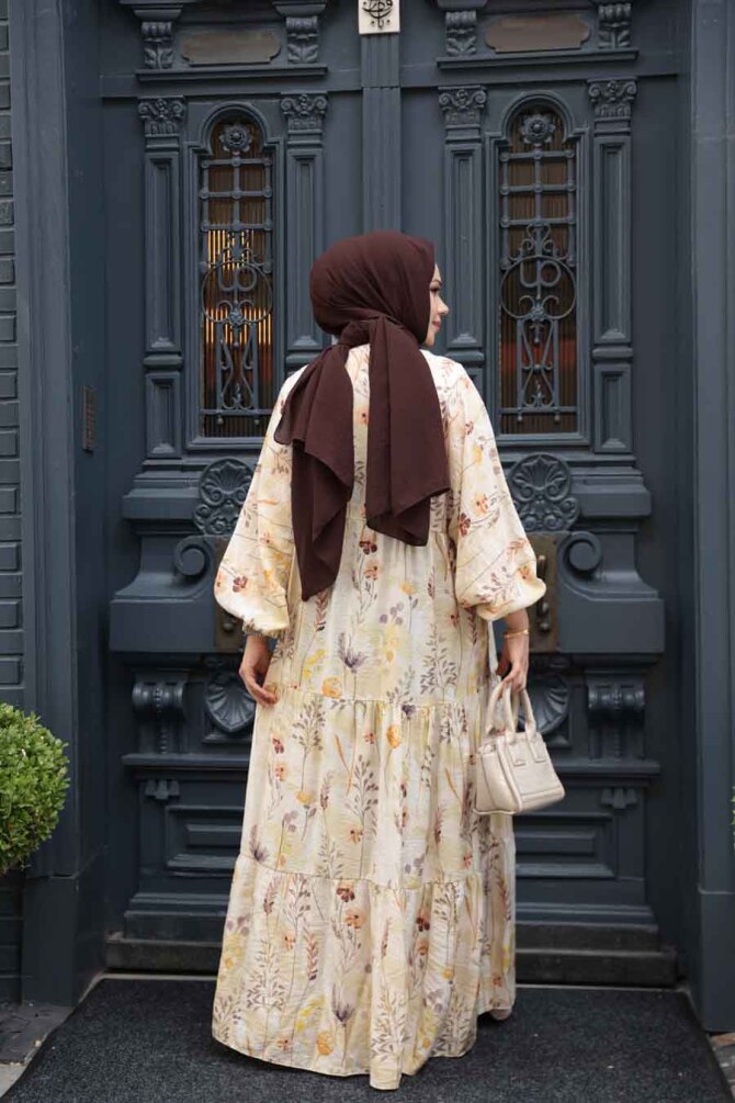 Desenli Bej Tesettür Elbise 710504BEJ - 5