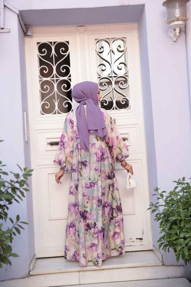 Desenli Bej Tesettür Elbise 710508BEJ - 3
