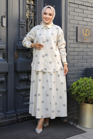 Desenli Bej Tesettür Etekli İkili Takım 14246BEJ - 2