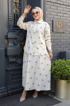 Desenli Bej Tesettür Etekli İkili Takım 14246BEJ - 1