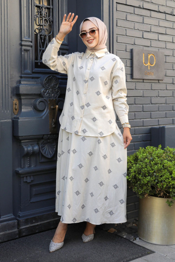 Desenli Bej Tesettür Etekli İkili Takım 14246BEJ - 1