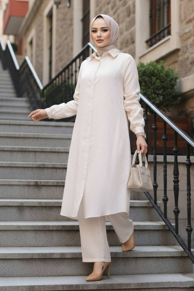 Desenli Bej Tesettür İkili Takım 12981BEJ - 1