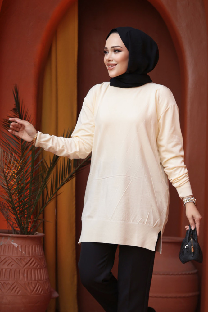 Desenli Bej Tesettür Triko Kazak Tunik 17211BEJ - N.S NEVA STYLE