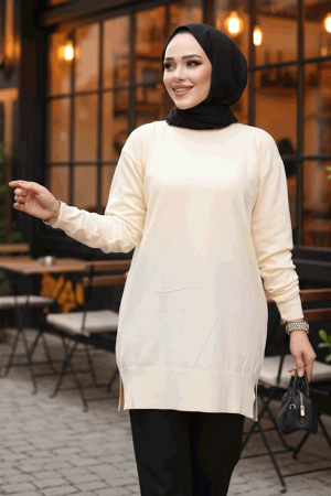 Desenli Bej Tesettür Triko Kazak Tunik 17211BEJ - 1