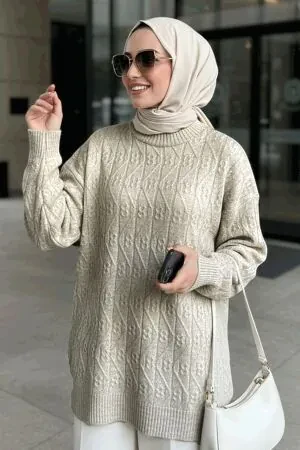Desenli Bej Tesettür Triko Kazak Tunik 86541BEJ 
