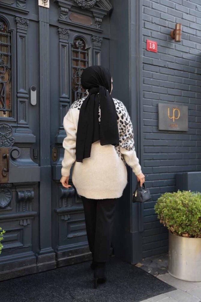 Desenli Bej Tesettür Triko Kazak Tunik 8818BEJ - 4
