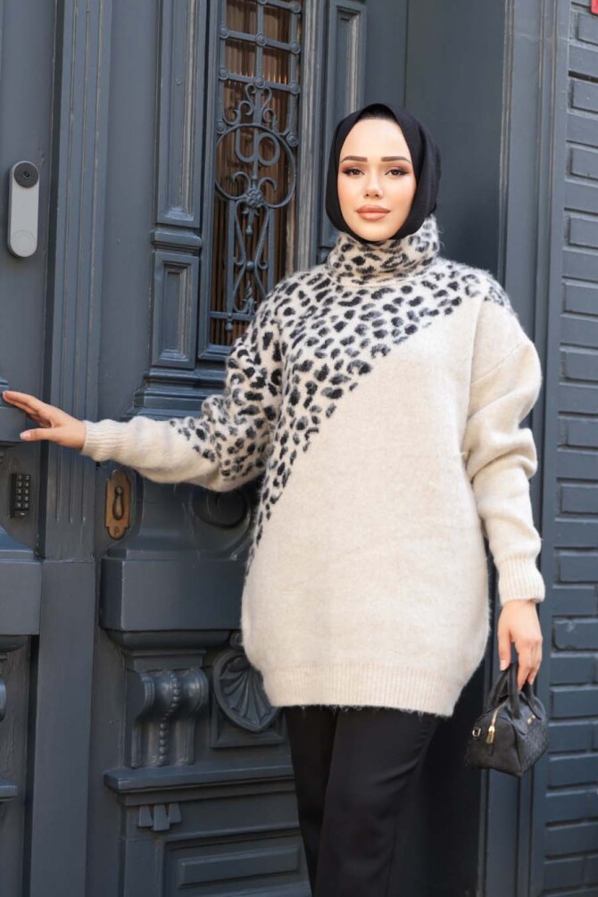 Tunique-pull longue en maille à motifs – Beige 8818BEJ - 3