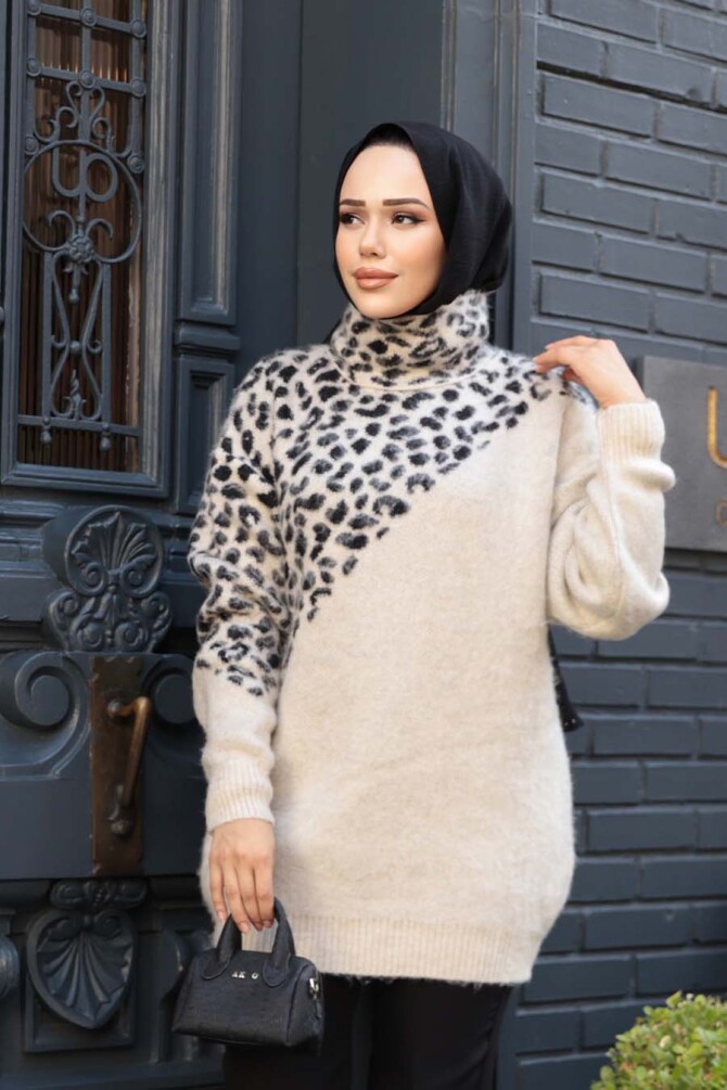 Desenli Bej Tesettür Triko Kazak Tunik 8818BEJ - NEVA STYLE