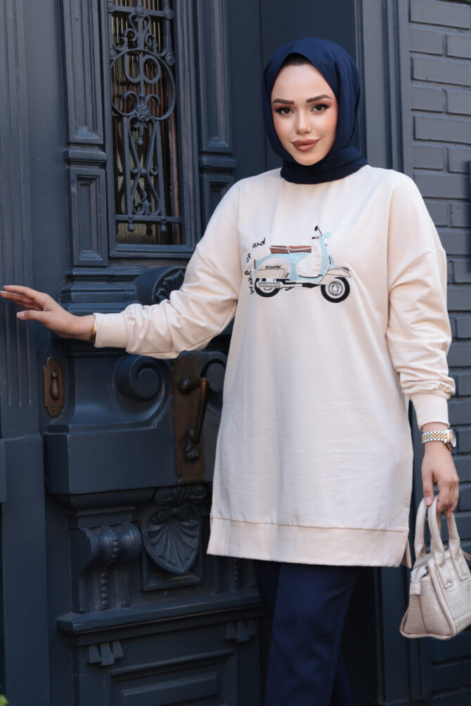 Desenli Bej Tesettür Tunik 10636BEJ - 1