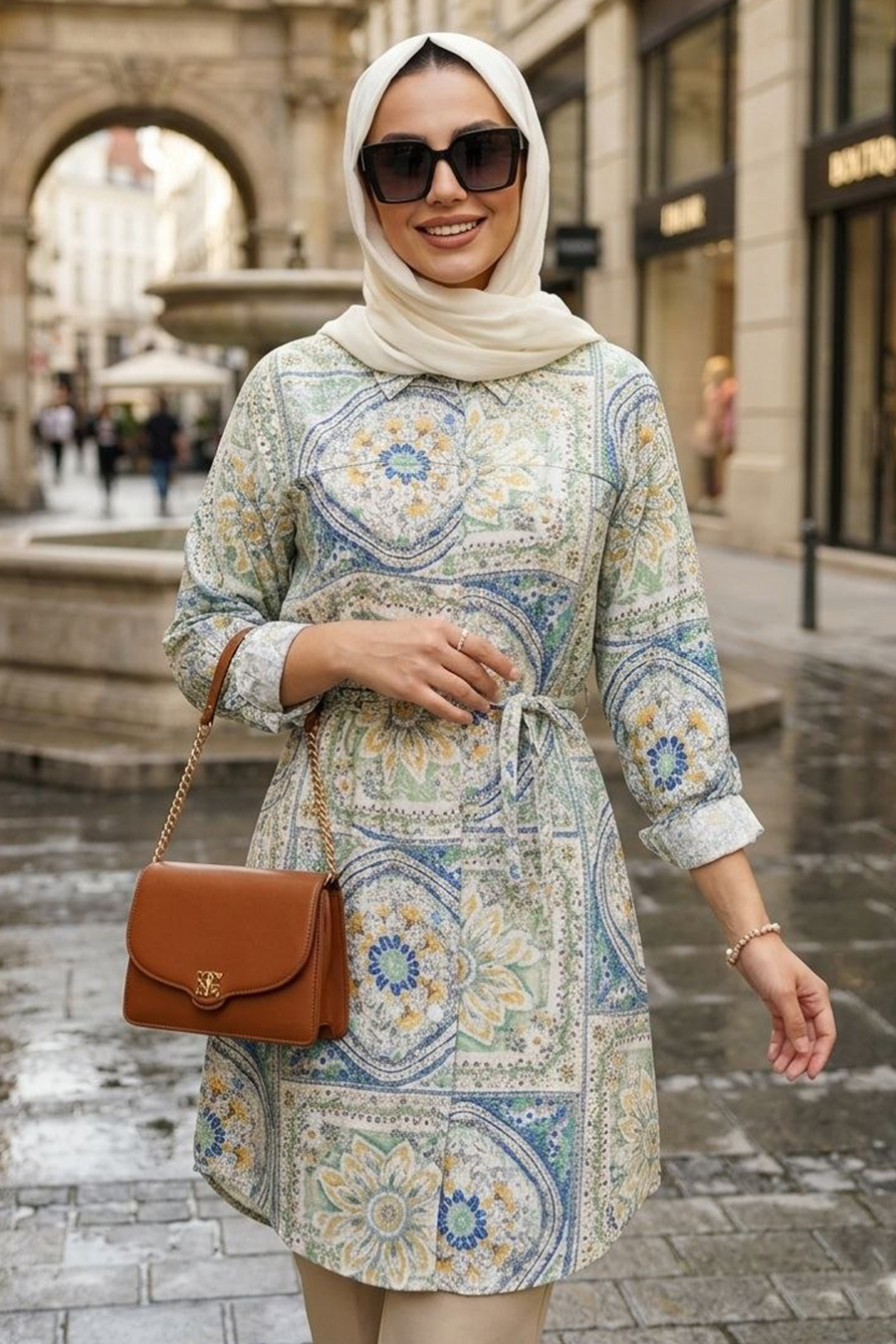 Desenli Bej Tesettür Tunik 26606BEJ