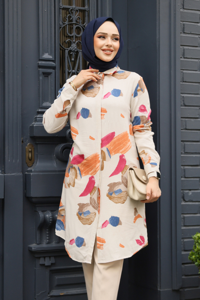 Desenli Bej Tesettür Viskon Tunik 11729BEJ - NEVA STYLE