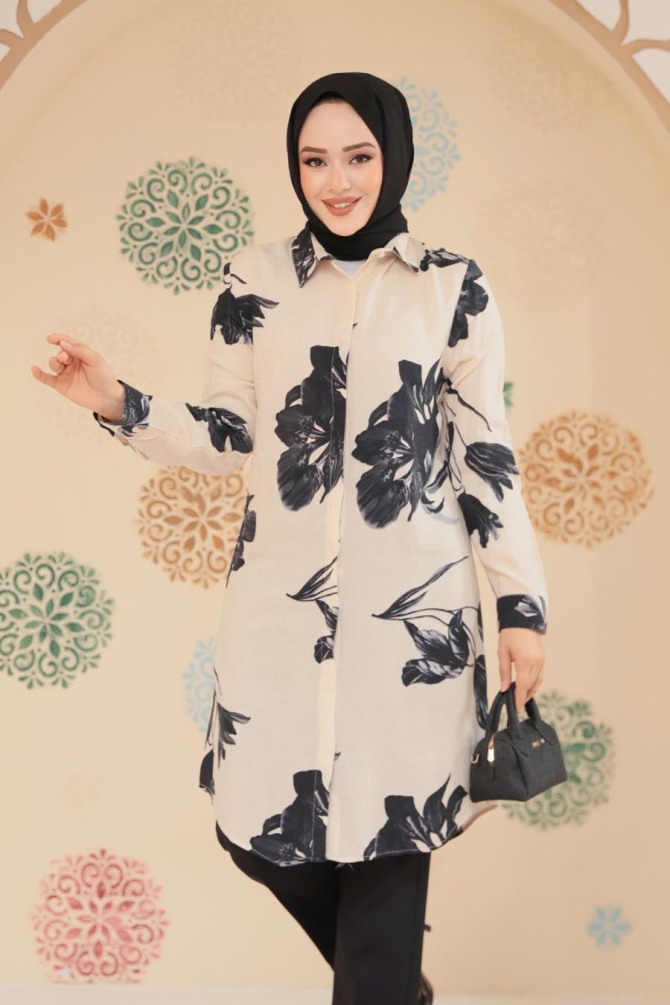 Desenli Bej Tesettür Viskon Tunik 11732BEJ - NEVA STYLE