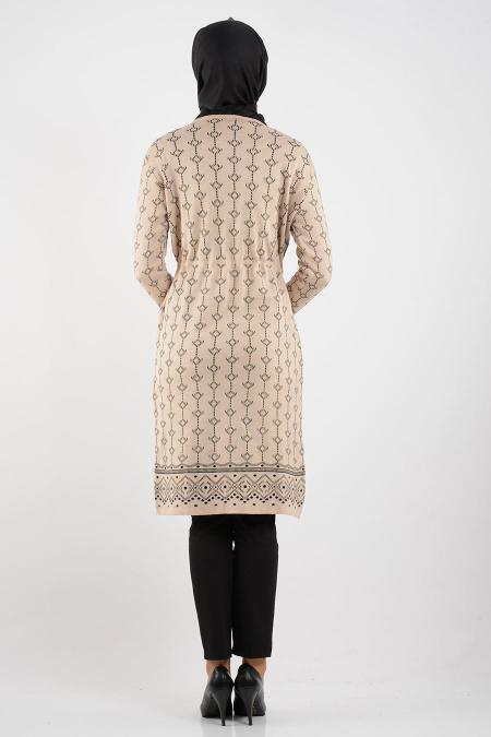 Desenli Bej Triko Tesettür Hırka 3502BEJ - 3