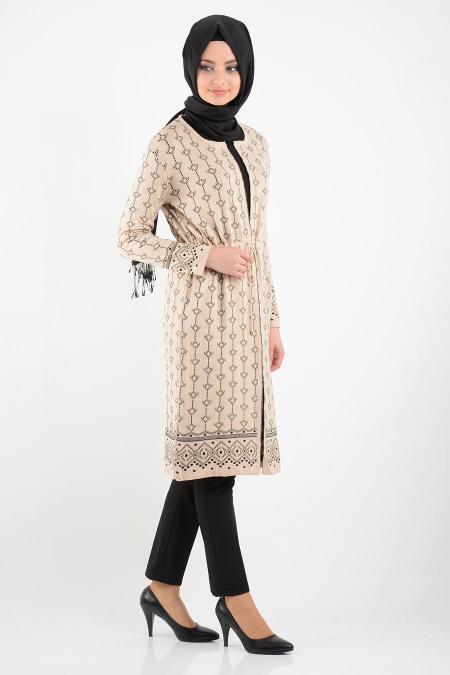 Desenli Bej Triko Tesettür Hırka 3502BEJ - 2