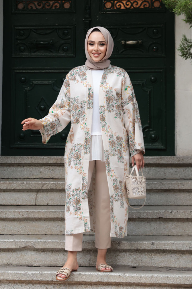 Desenli Bisküvi Tesettür Kimono 32121BS - 4