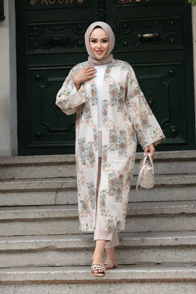 Desenli Bisküvi Tesettür Kimono 32121BS - 2