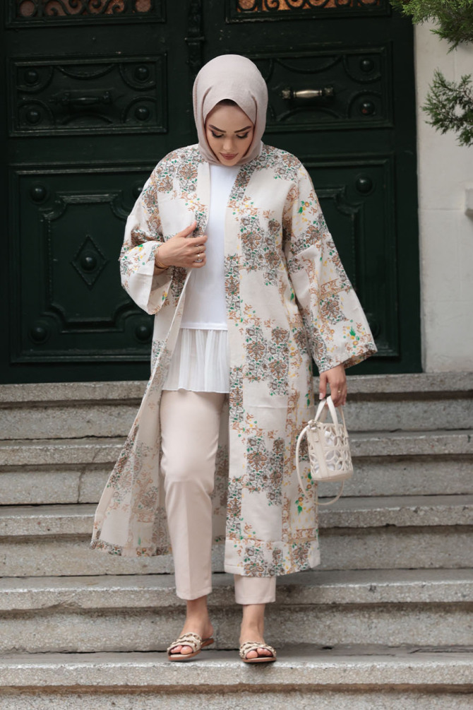 Desenli Bisküvi Tesettür Kimono 32121BS - 1