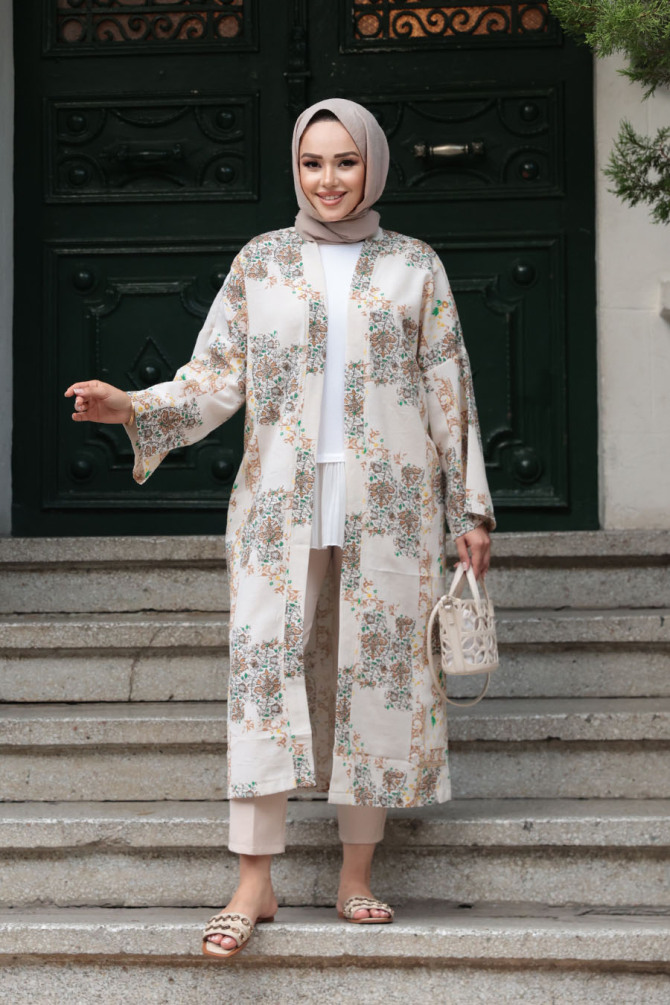 Desenli Bisküvi Tesettür Kimono 32121BS - 3