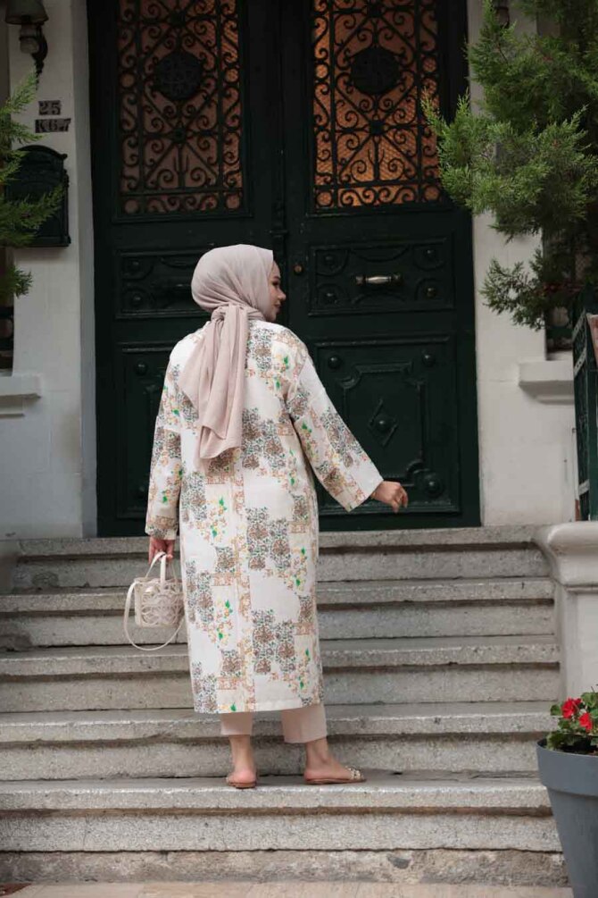 Desenli Bisküvi Tesettür Kimono 32121BS - 5