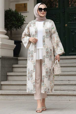 Desenli Bisküvi Tesettür Kimono 32121BS - N.S NEVA STYLE