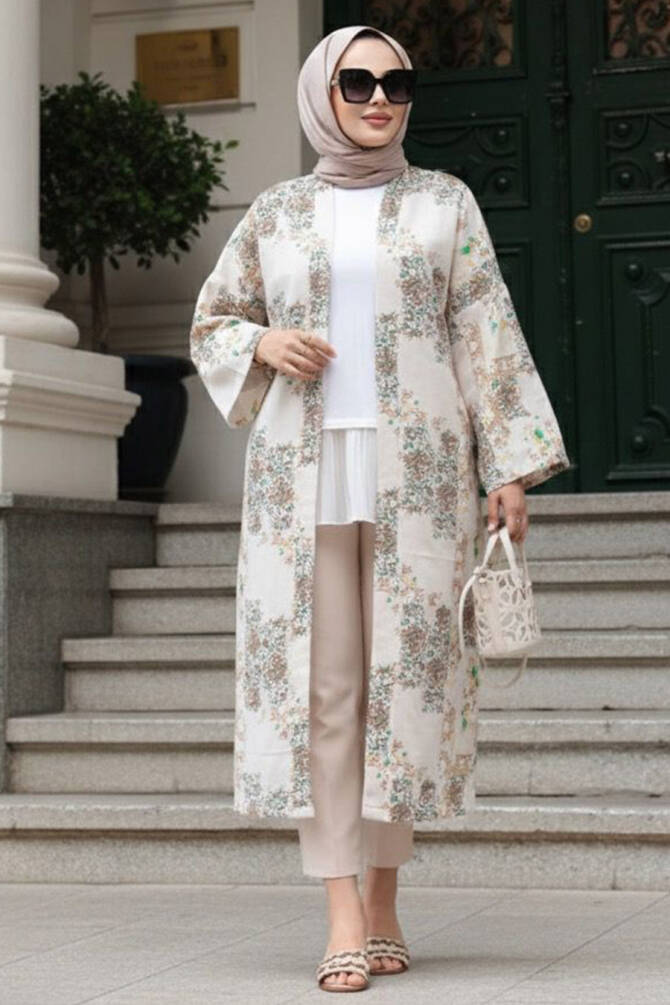 Desenli Bisküvi Tesettür Kimono 32121BS - N.S NEVA STYLE