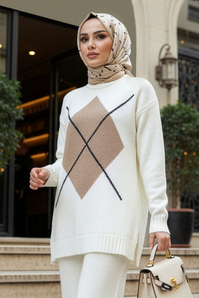 Desenli Bisküvi Tesettür Triko Kazak 85081BS - 1