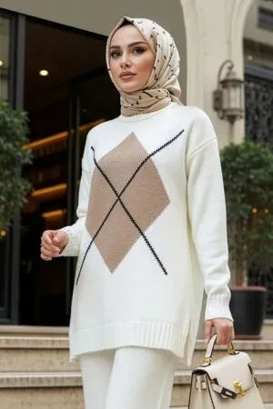 Desenli Bisküvi Tesettür Triko Kazak 85081BS - 1